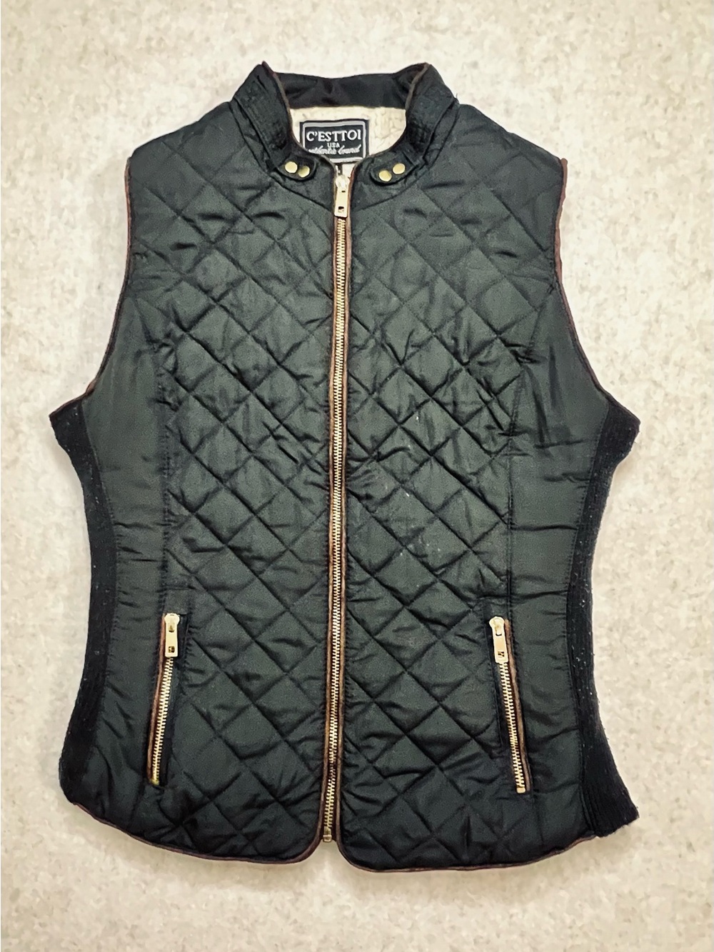 C'est Toi Black Quilted Sherpa Lined Vest Medium